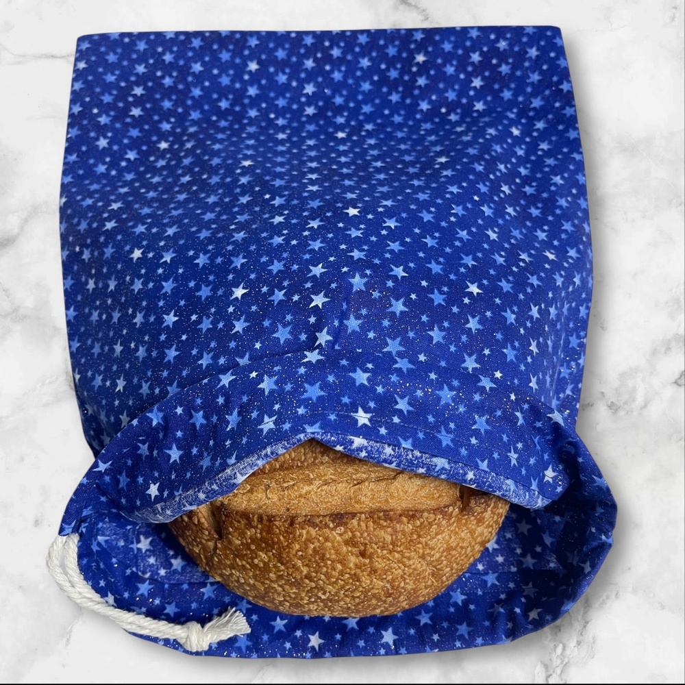 Bright Blue & White Star Cotton Bread Bag, Reusable Sourdough Storage